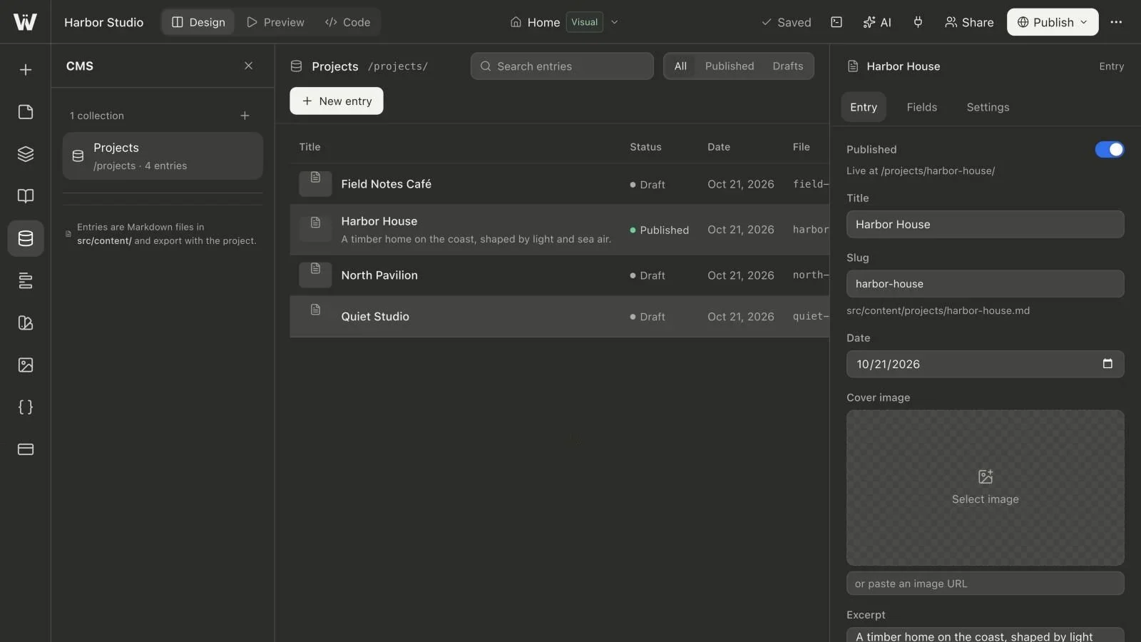 A Projects collection with four entries, their status, and the entry editor.