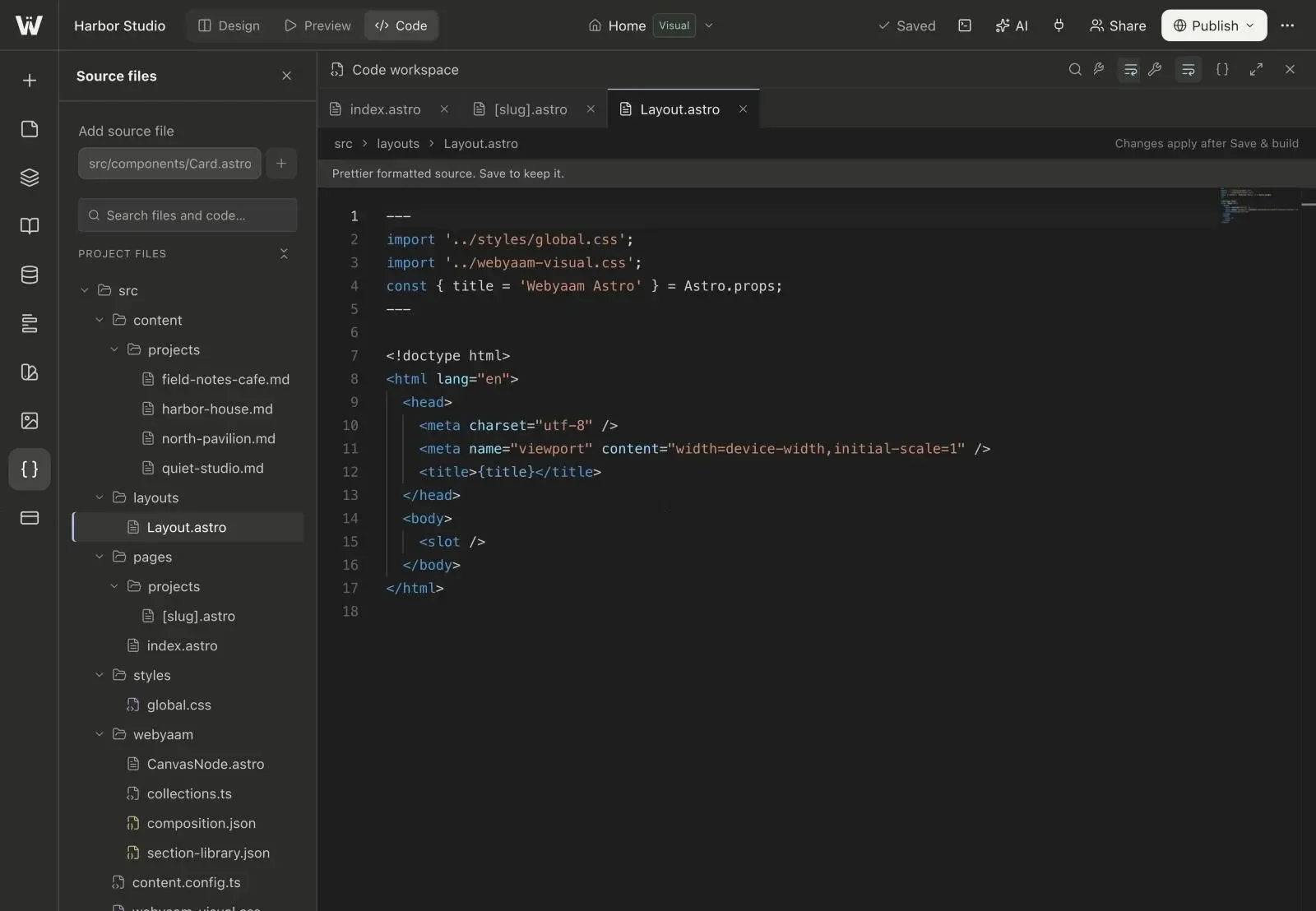 The code workspace with the project file tree and Layout.astro open in the editor.