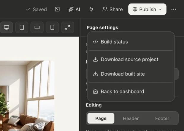 The project actions menu with Download source project and Download built site.