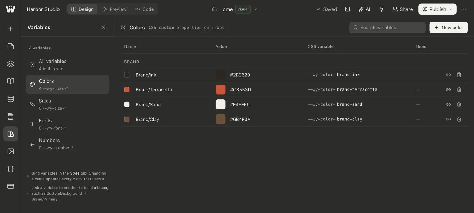 The Variables workspace listing brand colors with their CSS custom properties.