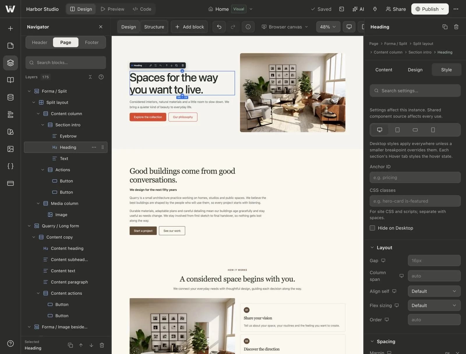 The visual editor and style inspector on an illustrative Webyaam studio site