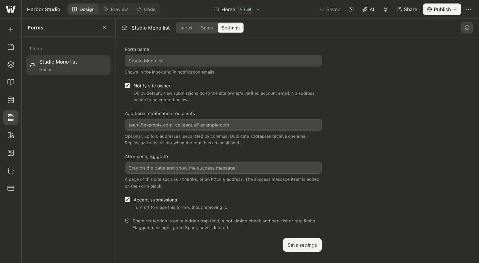 Form settings with owner notifications, extra recipients, redirect and spam protection.