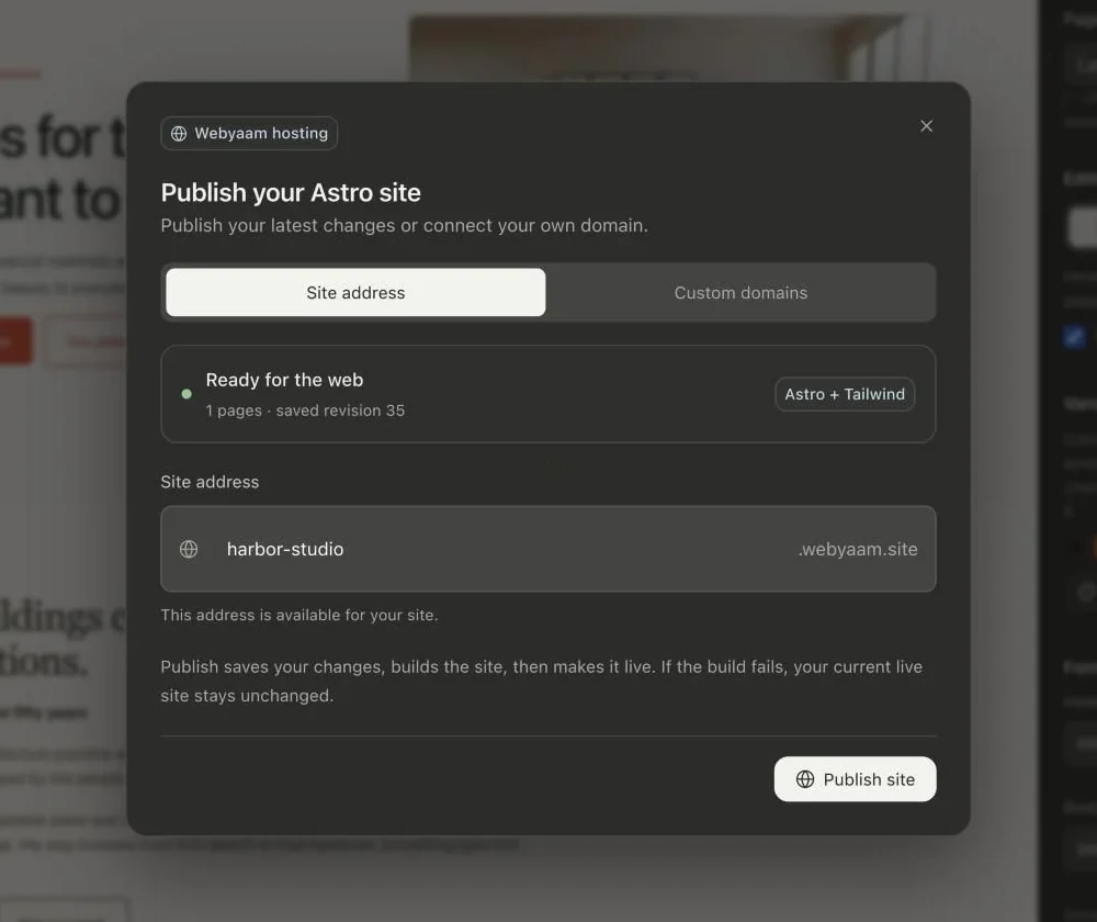 The Publish dialog with the site address on webyaam.site and a Publish site button.