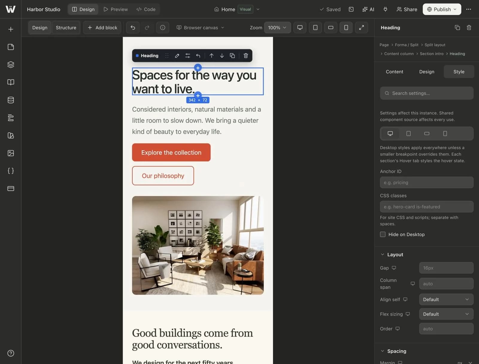 The canvas switched to the mobile breakpoint at 100% zoom, with the Style tab beside it.