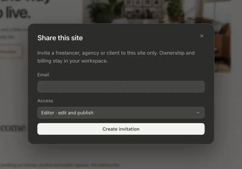 The Share this site dialog for inviting a freelancer, agency or client by email.