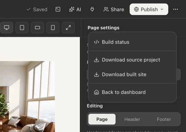 Webyaam's source and built-site export options
