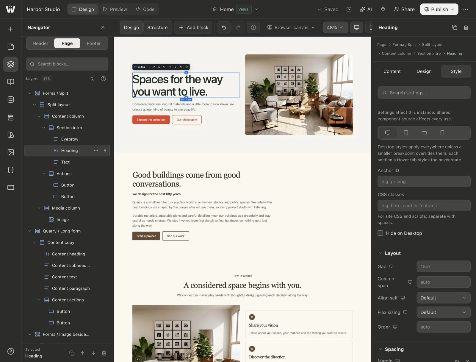 Webyaam's visual editor and style controls on an illustrative studio website