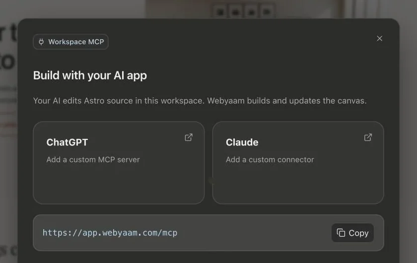 Webyaam's MCP connection dialog